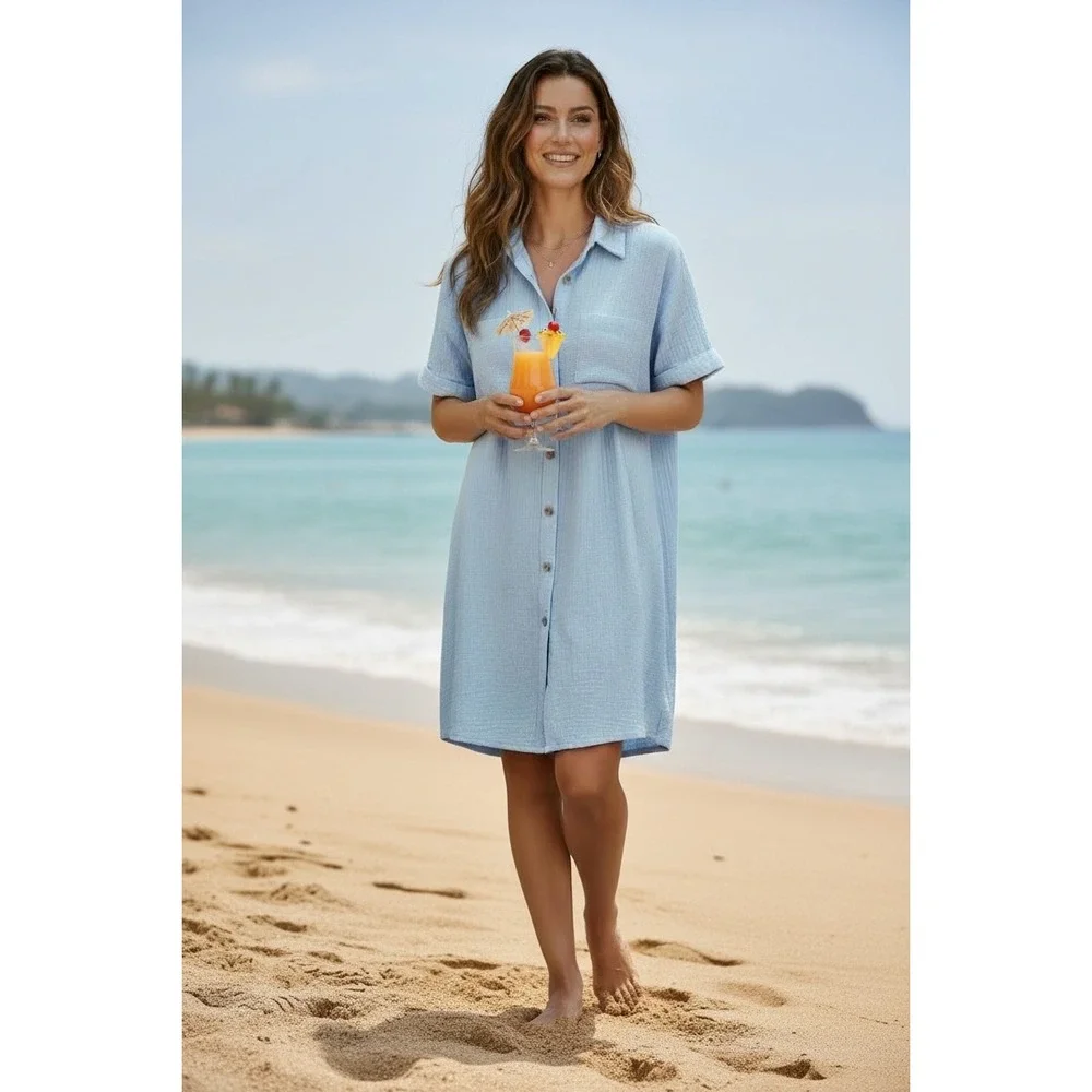 Cupshe Light Blue Cotton Gauze Button Front Shirt Dress Cover Up Size Medium